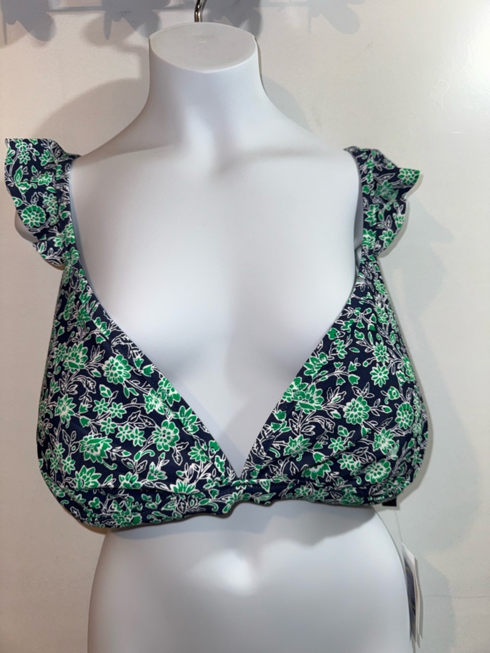 J. Crew Navy Bikini Top with Green Floral Print